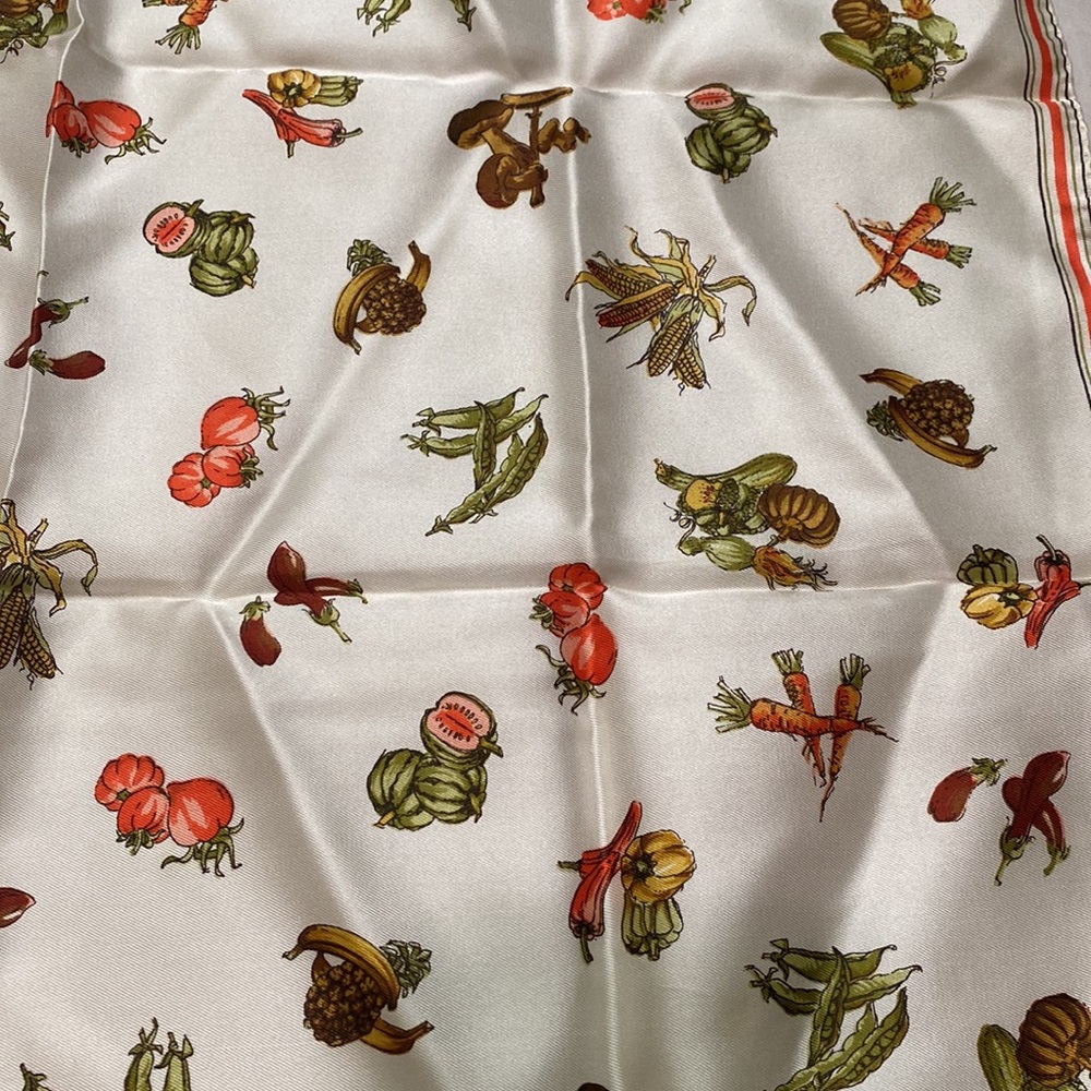 Dior Cream Silk Scarf with Red and Green Botanical Motif - Picture 6 of 10